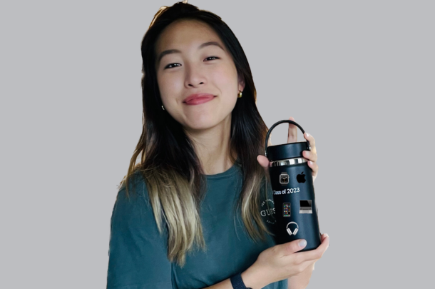 Jessica Shi holding water bottle with Apple Class of 2023 sticker