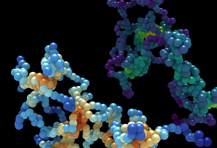 Polymer chain imagery in purple blue yellow and orange